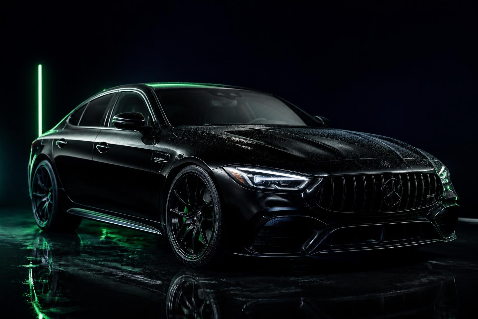 Freshly washed luxury black sedan glowing under studio lights
